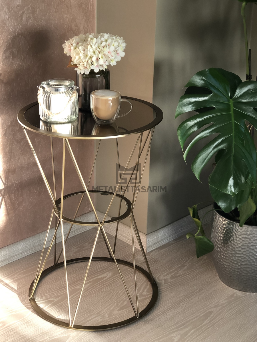 Zarif Yuvarlak Yan Sehpa Antik Gold