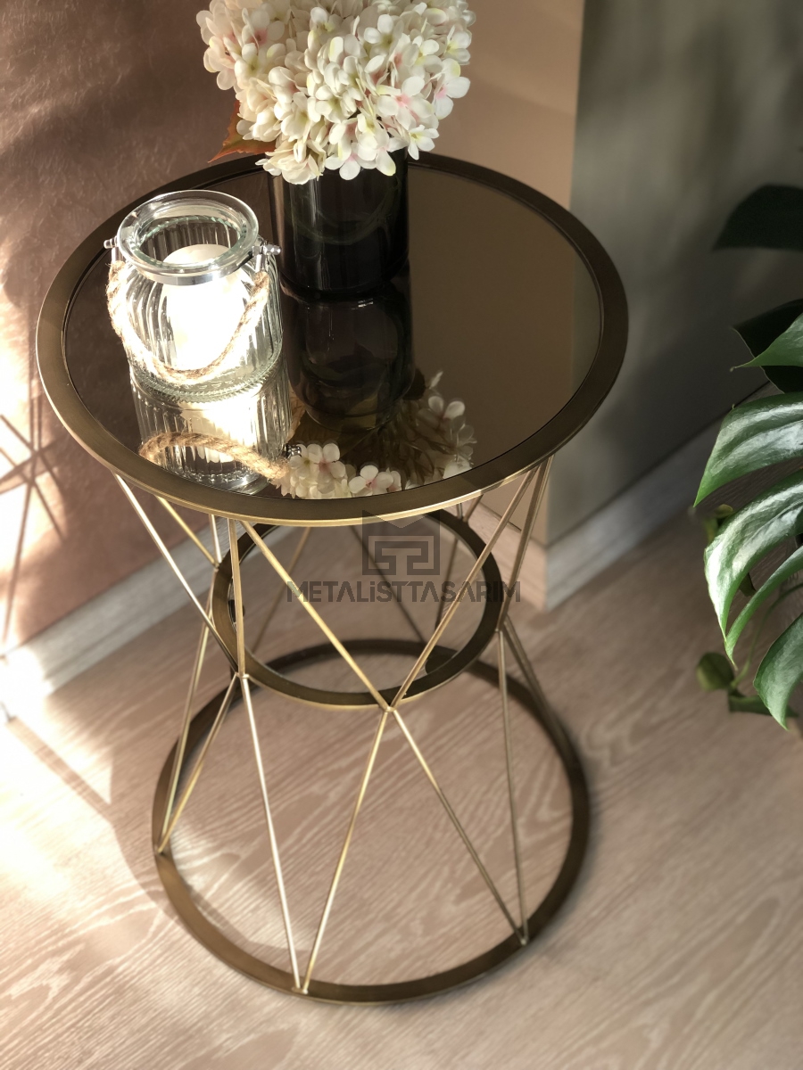 Zarif Yuvarlak Yan Sehpa Antik Gold