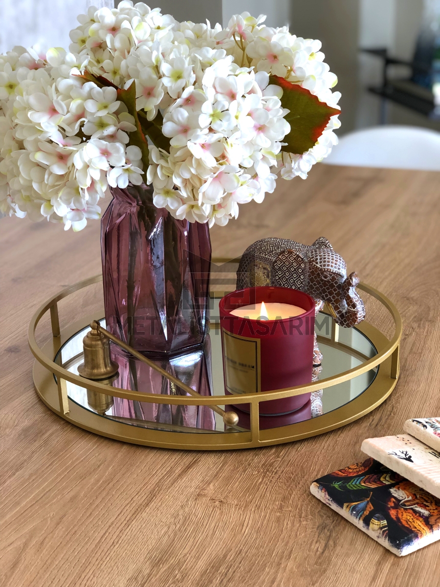 Sefa Dekoratif Aynalı Tepsi Yuvarlak Mat Gold 36cm