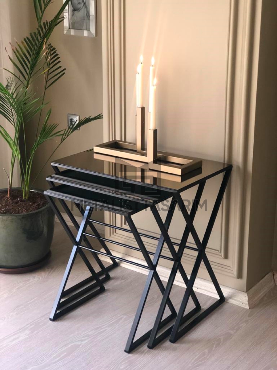 Elize 3’lü Aynalı Zigon Sehpa Çapraz Ayak Mat Siyah