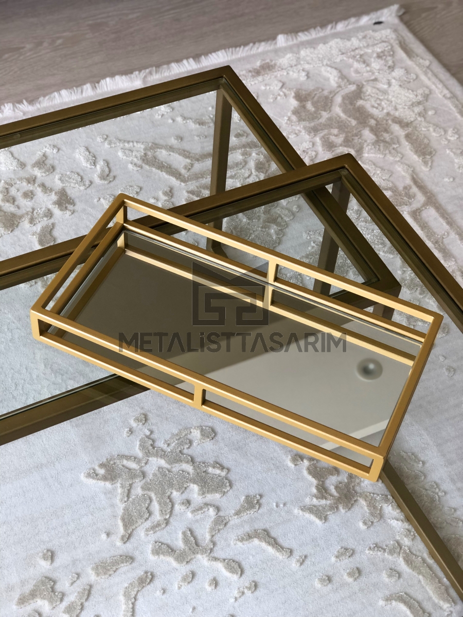 Sefa Dekoratif Aynalı Tepsi Mat Gold Renk 20x40cm