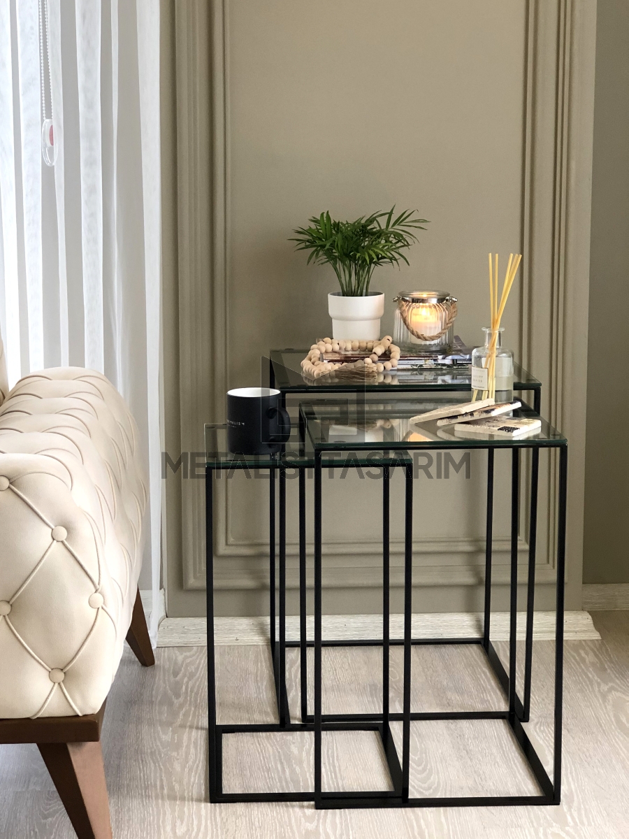 Sefa 3’lü Kare Aynalı Zigon Sehpa Siyah