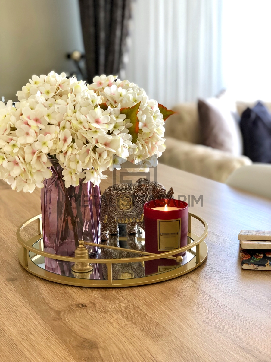 Sefa Dekoratif Aynalı Tepsi Yuvarlak Mat Gold 36cm