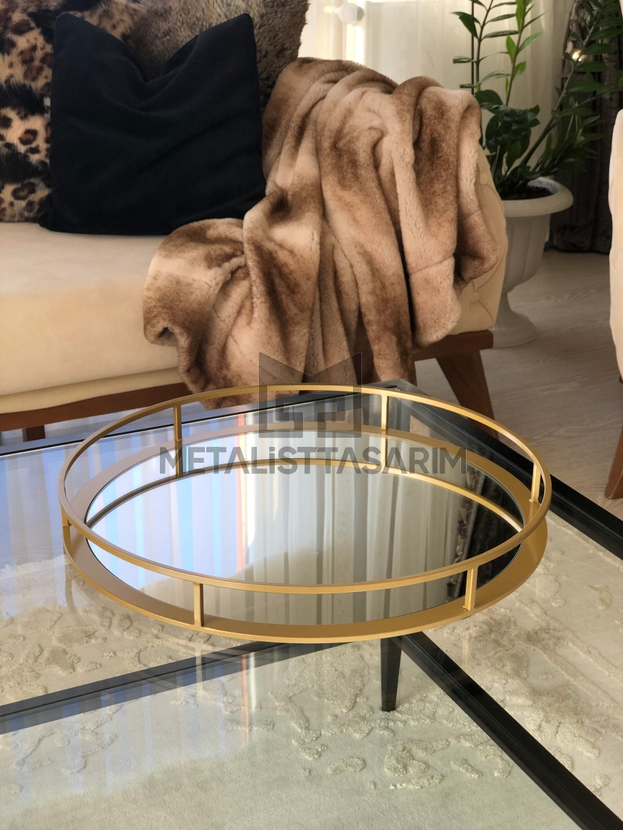 Sefa Dekoratif Aynalı Tepsi Yuvarlak Mat Gold 42cm