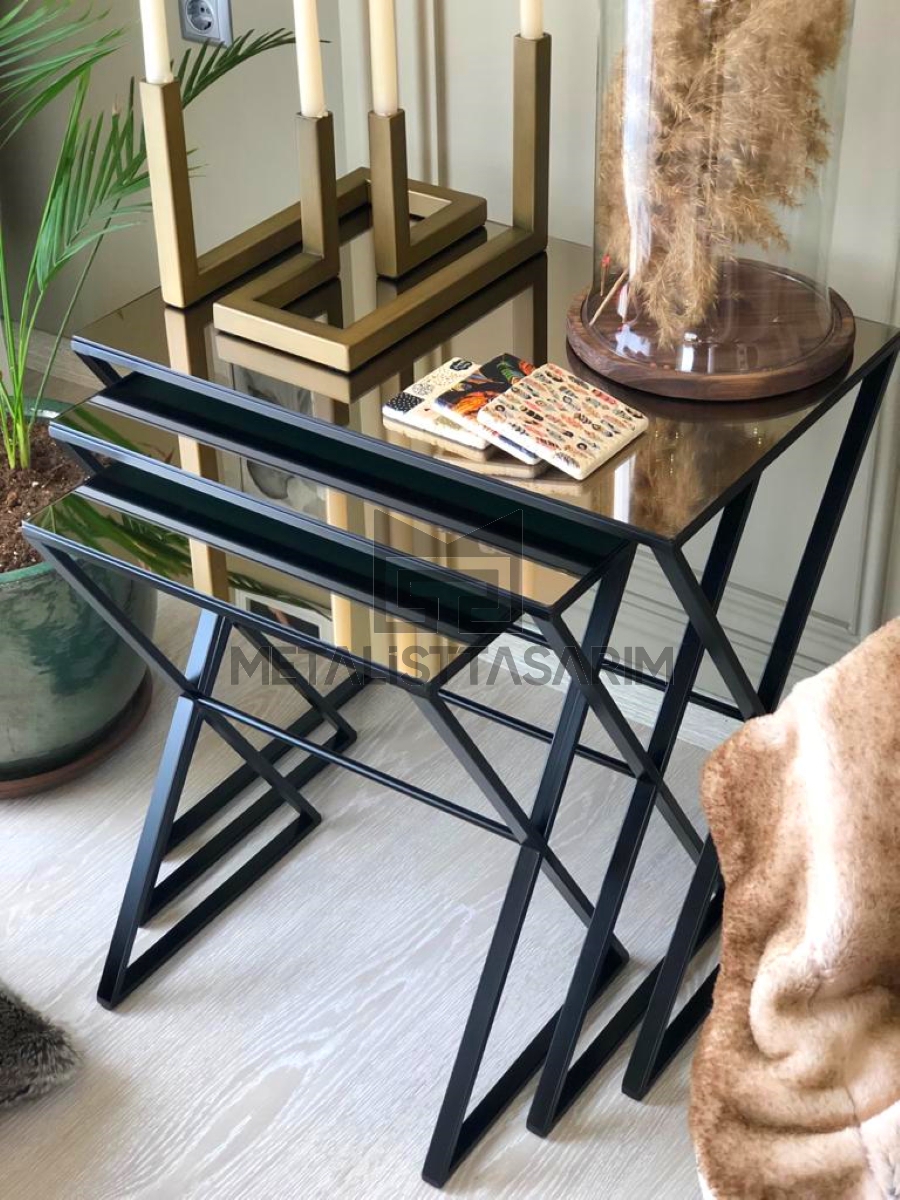 Elize 3’lü Aynalı Zigon Sehpa Çapraz Ayak Mat Siyah