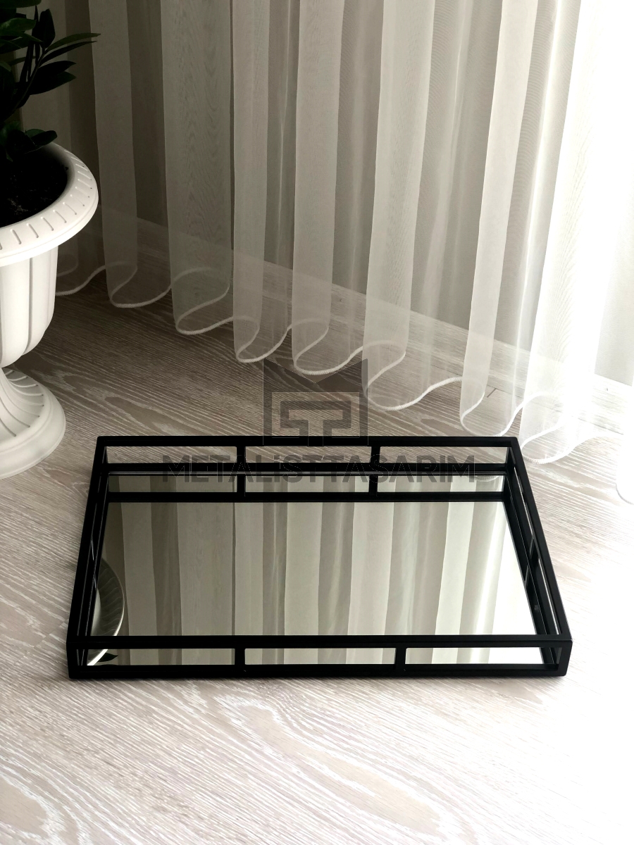 Sefa Dekoratif Aynalı Tepsi Mat Siyah Renk 35x50cm