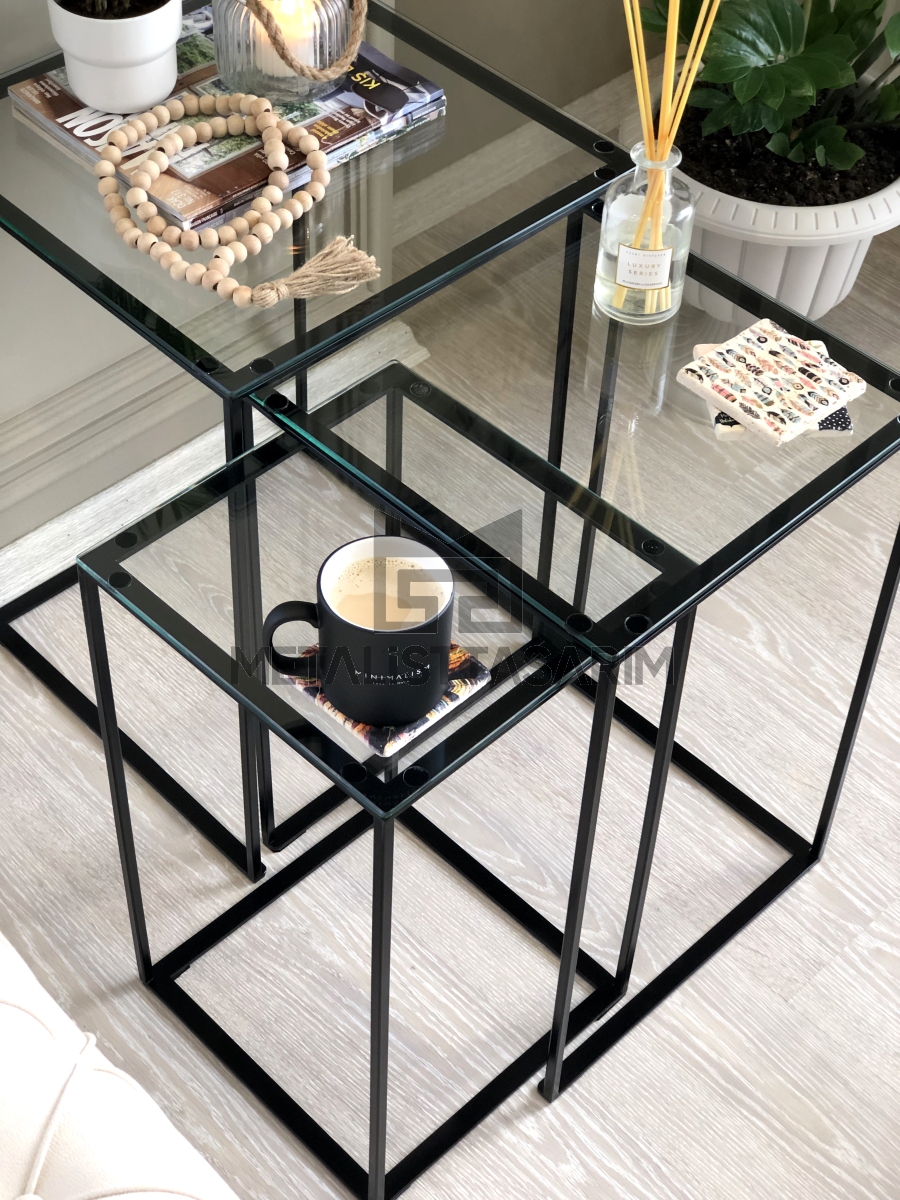 Sefa 3’lü Kare Aynalı Zigon Sehpa Siyah