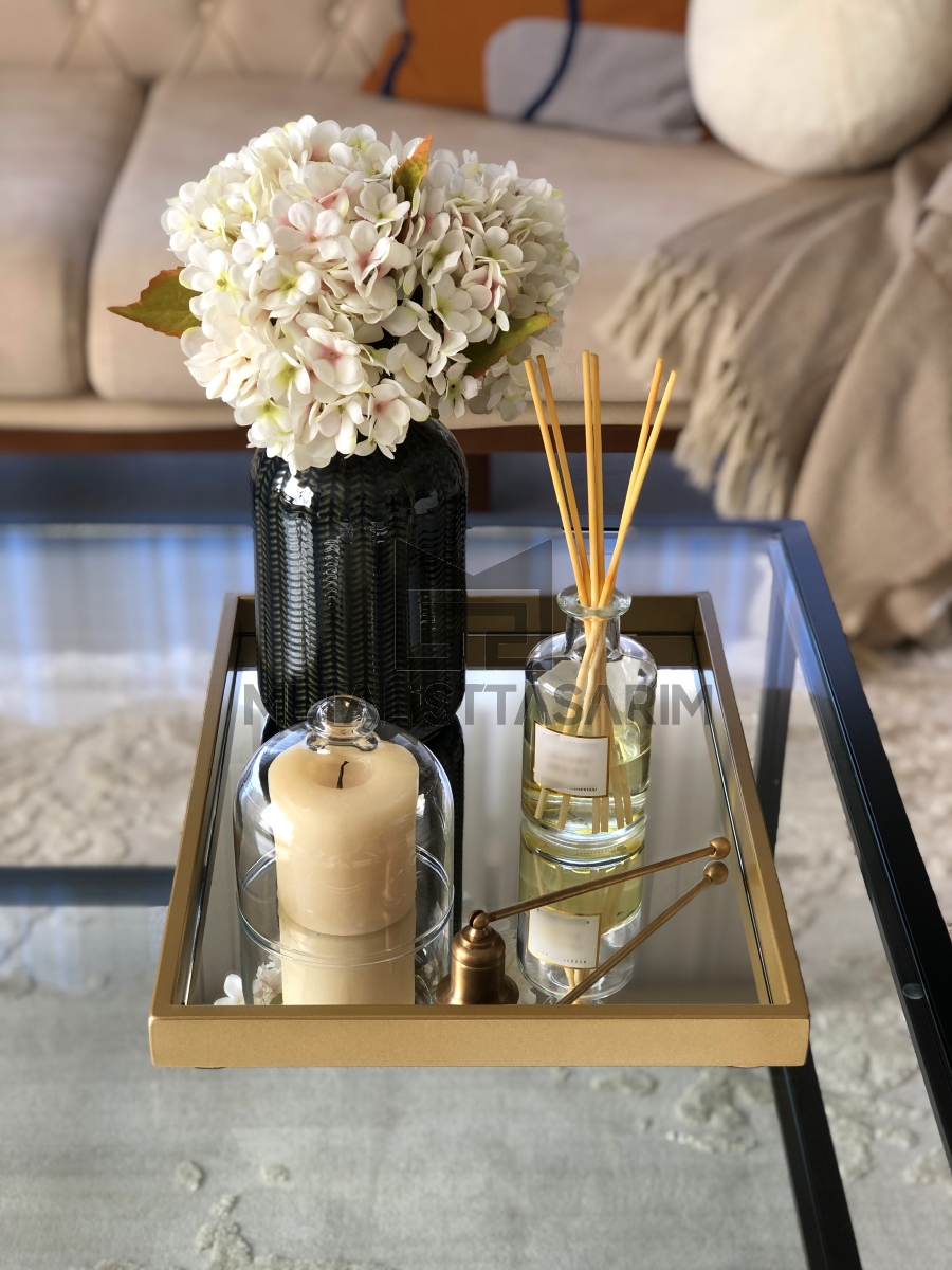 Gala Dekoratif Aynalı Tepsi Mat Gold Renk 30x40cm