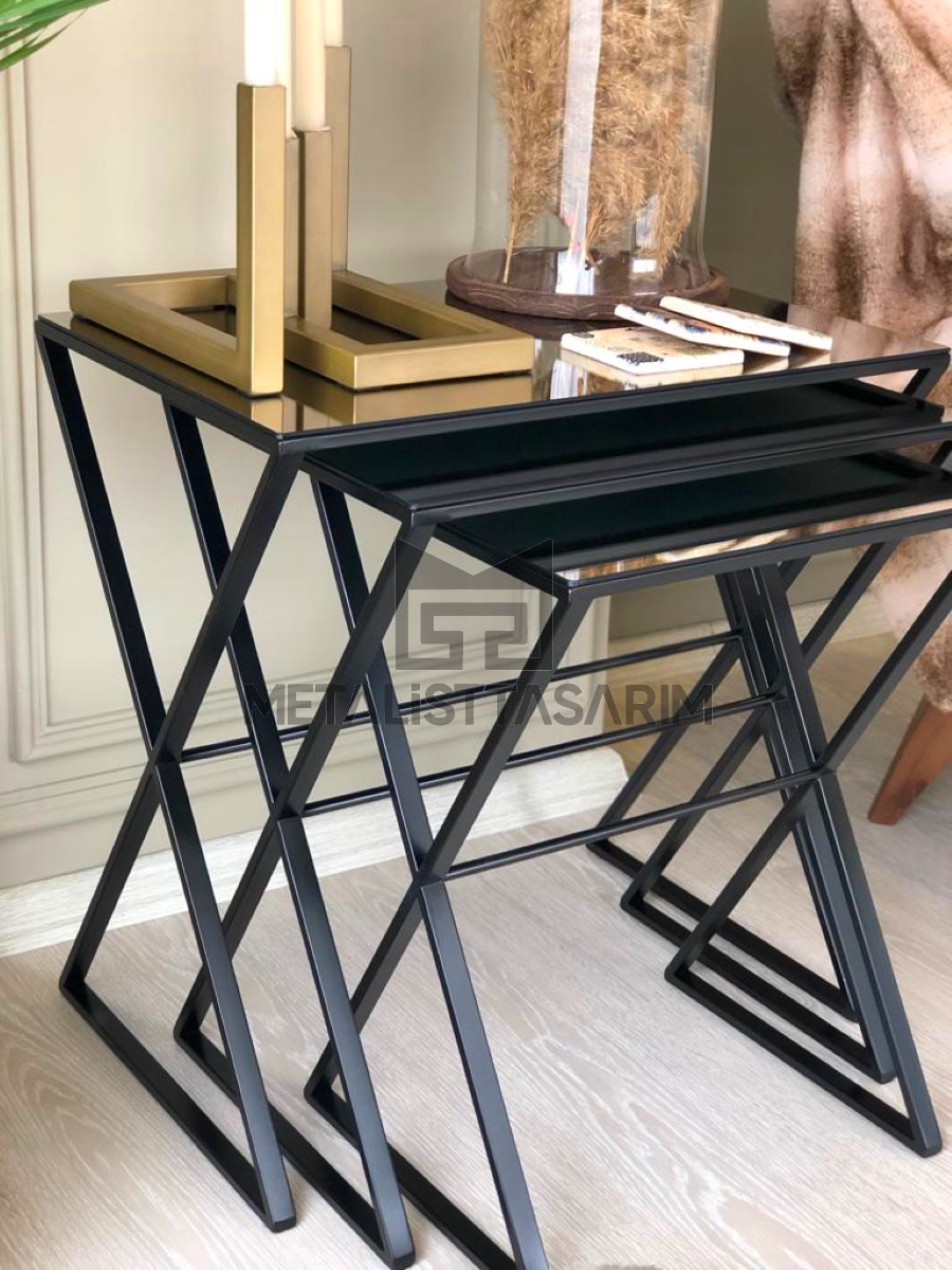 Elize 3’lü Aynalı Zigon Sehpa Çapraz Ayak Mat Siyah