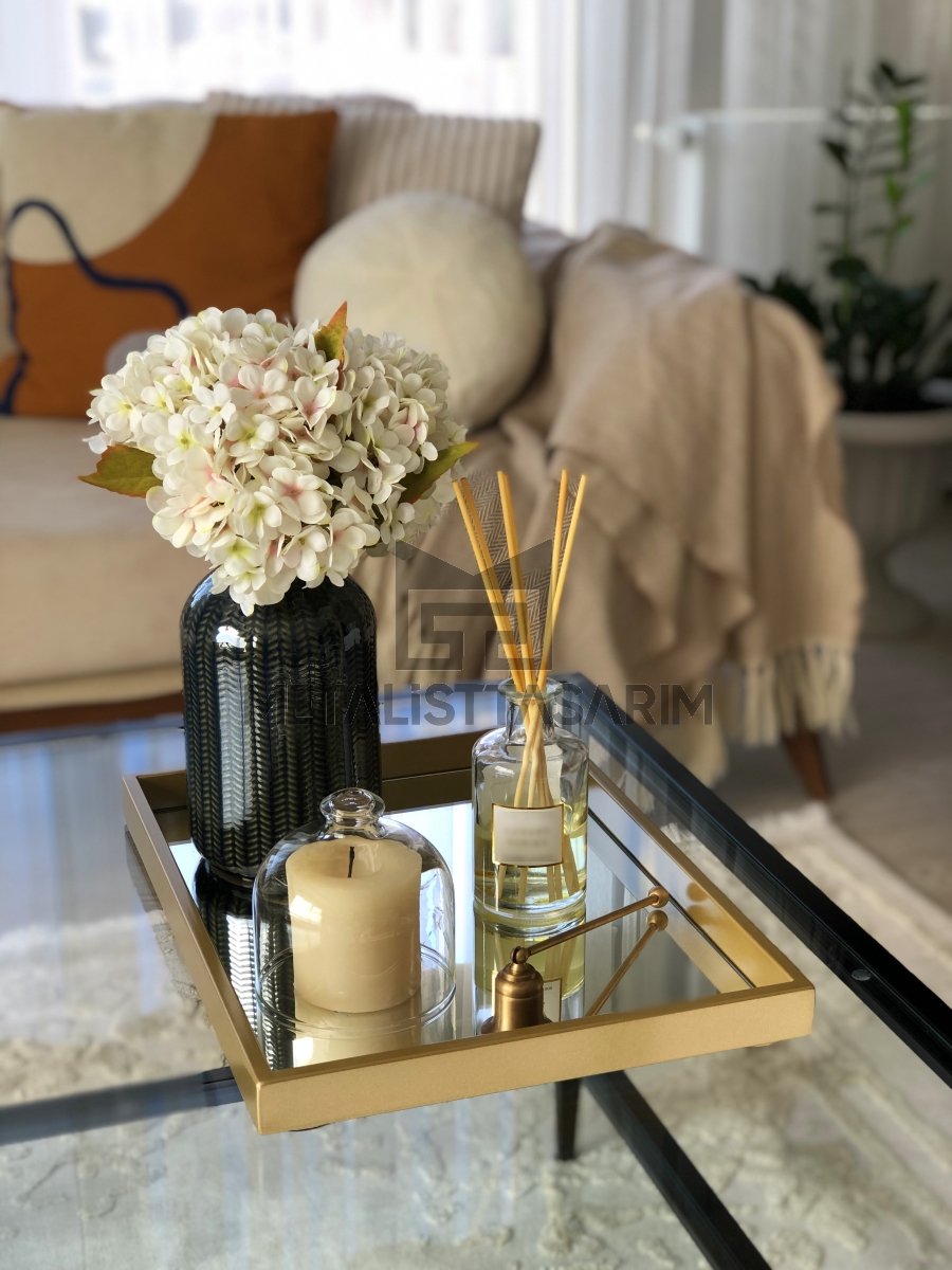 Gala Dekoratif Aynalı Tepsi Mat Gold Renk 30x40cm