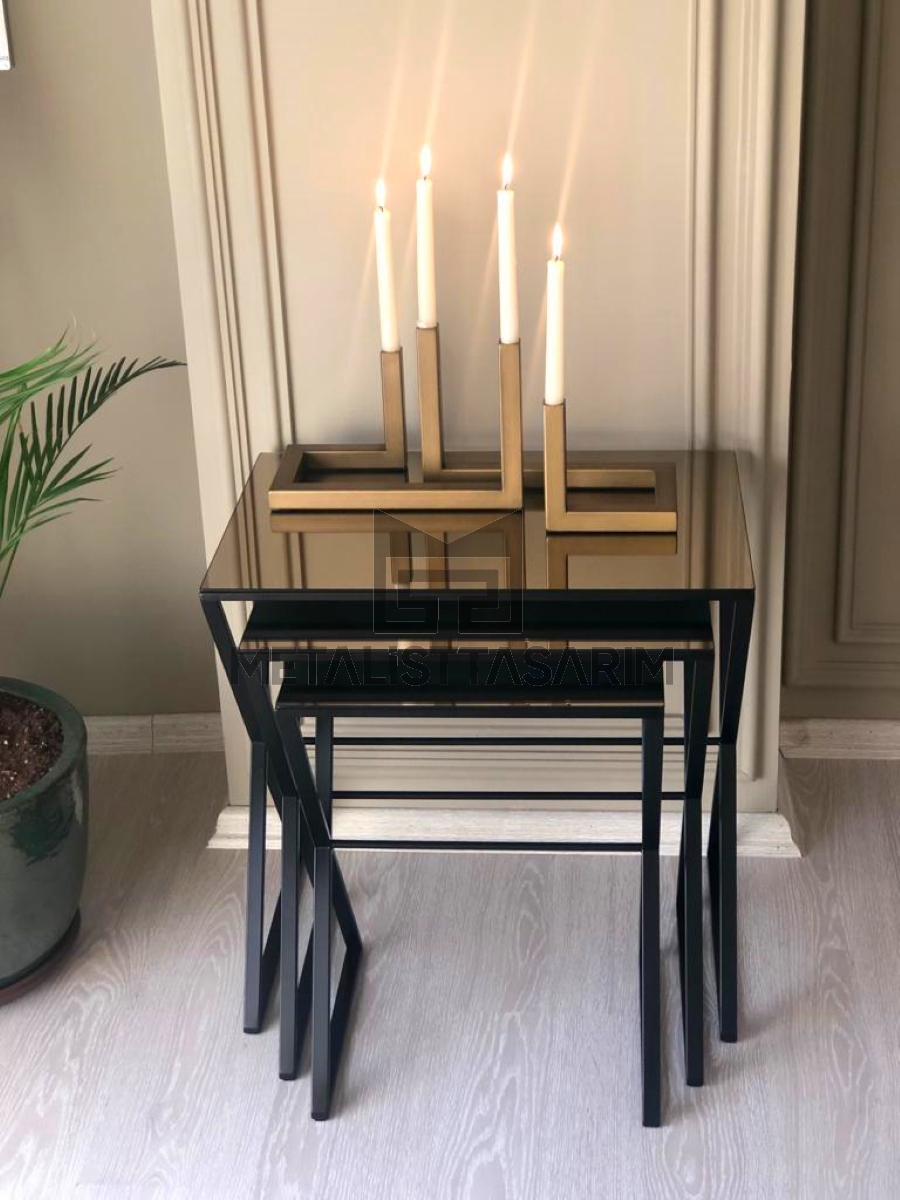 Elize 3’lü Aynalı Zigon Sehpa Çapraz Ayak Mat Siyah