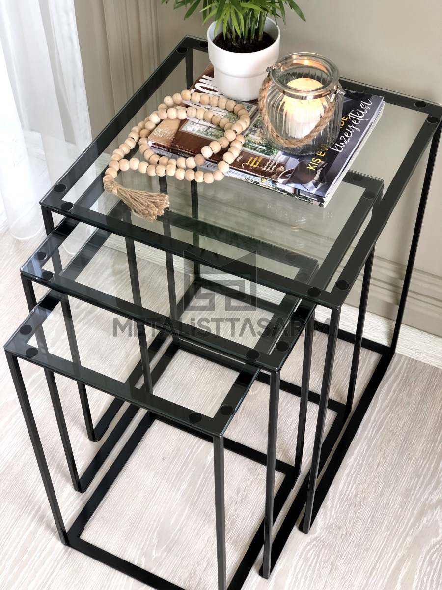 Sefa 3’lü Kare Aynalı Zigon Sehpa Siyah