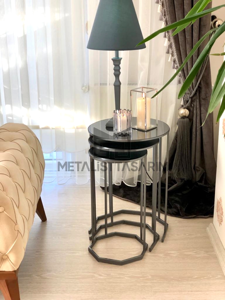 Keyif 3’lü Yuvarlak Aynalı Zigon Sehpa Metalik Gri