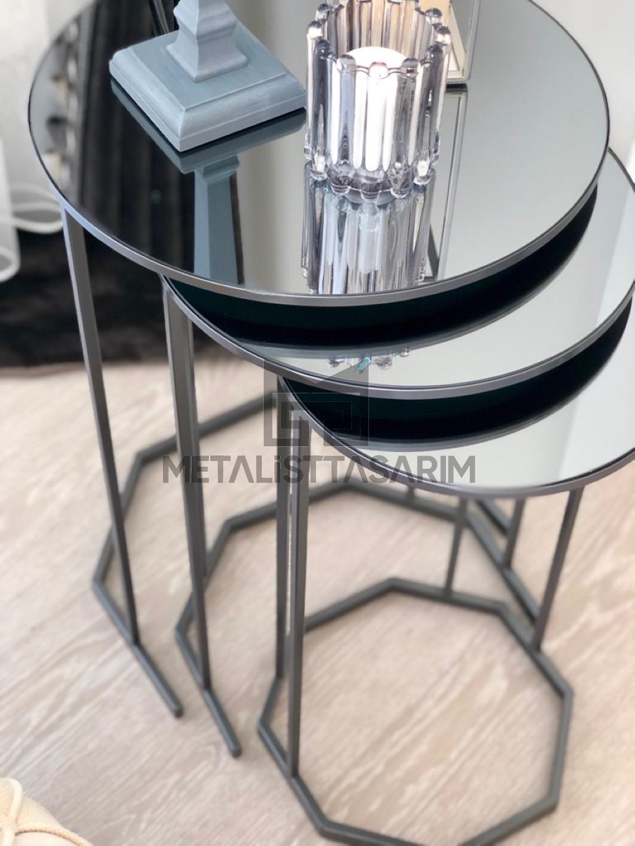 Keyif 3’lü Yuvarlak Aynalı Zigon Sehpa Metalik Gri