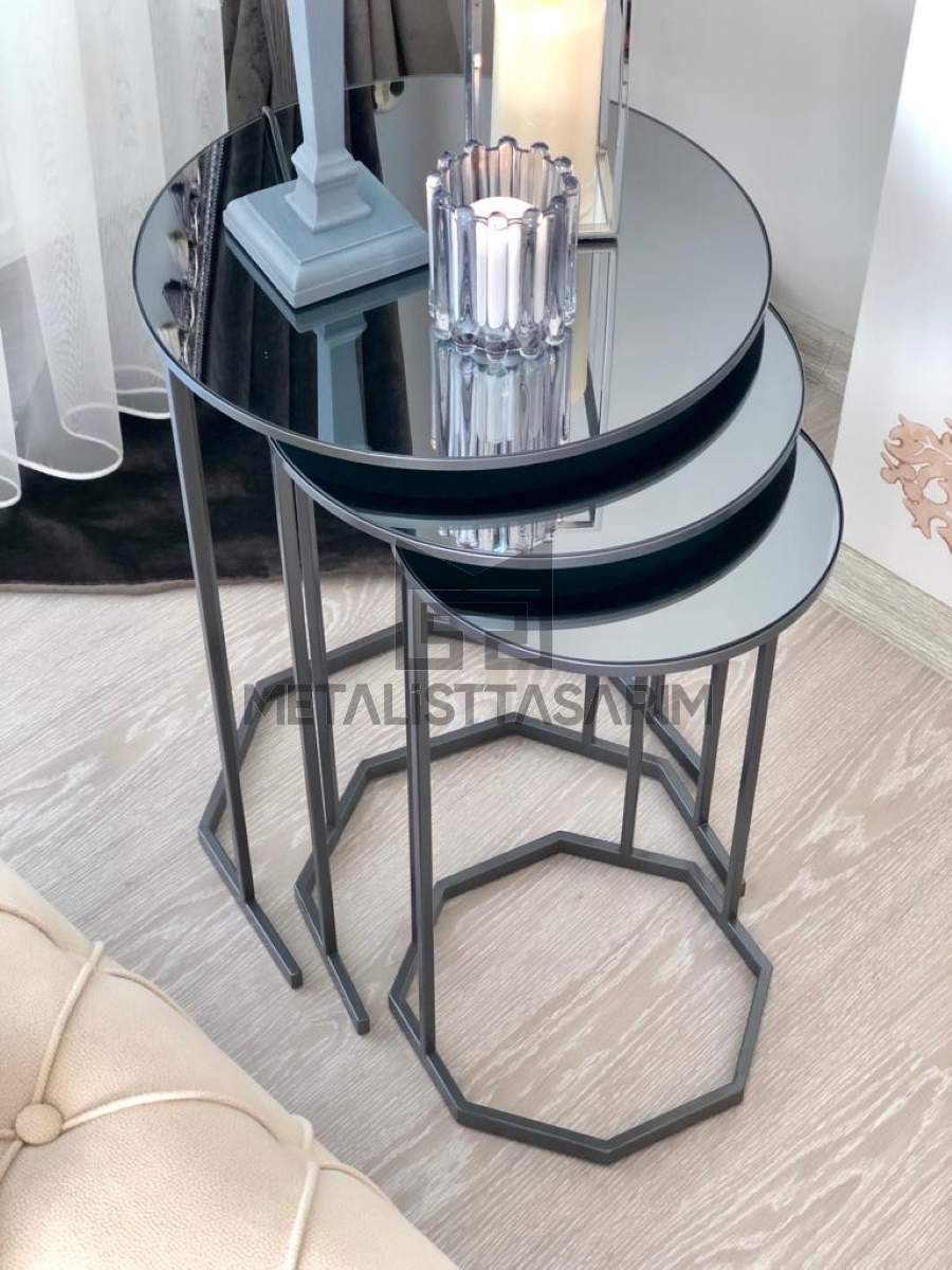 Keyif 3’lü Yuvarlak Aynalı Zigon Sehpa Metalik Gri