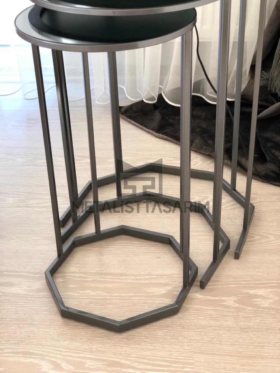 Keyif 3’lü Yuvarlak Aynalı Zigon Sehpa Metalik Gri