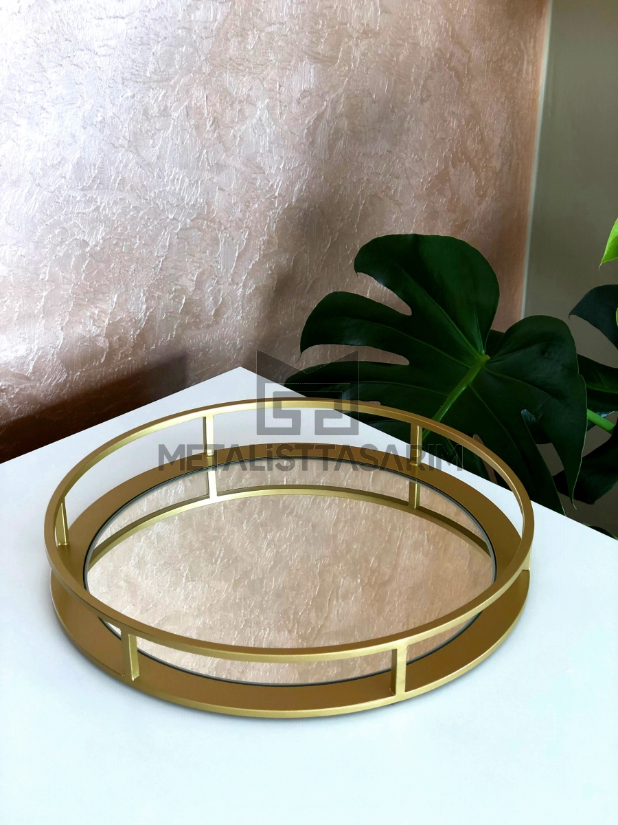 Sefa Dekoratif Aynalı Tepsi Yuvarlak Mat Gold Renk 28cm