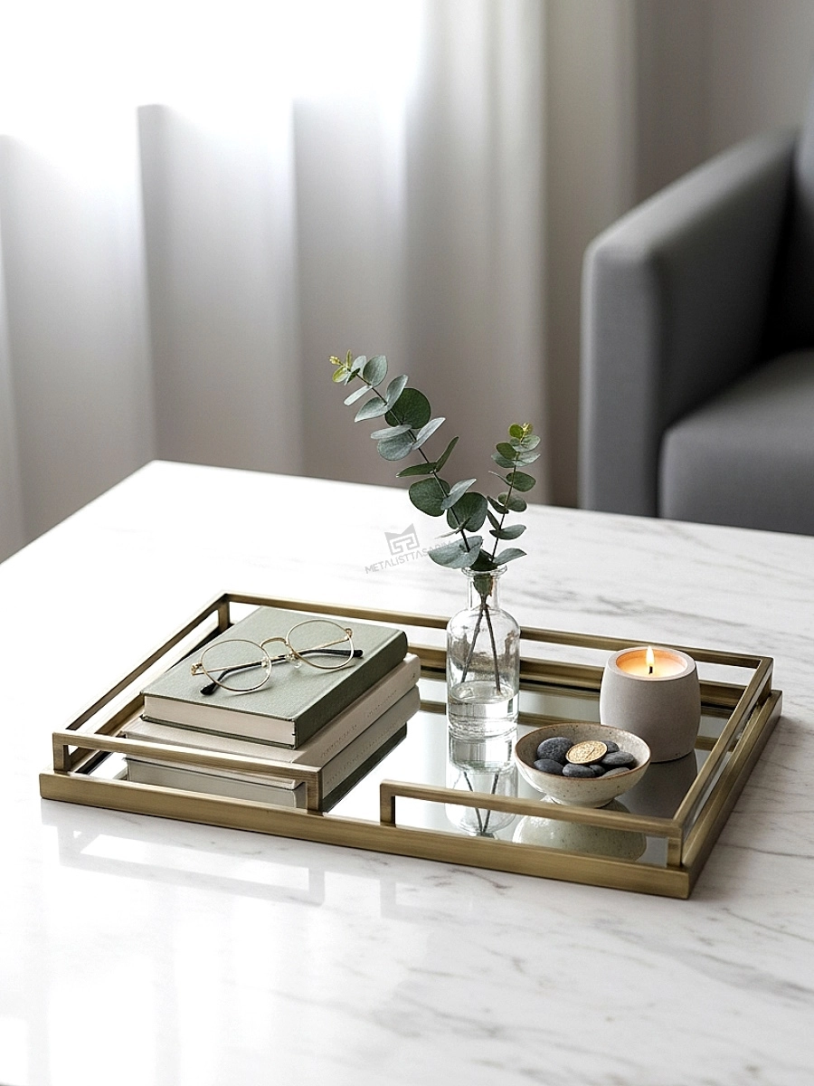 Diva Dekoratif Aynalı Tepsi Antik Gold 37x52cm