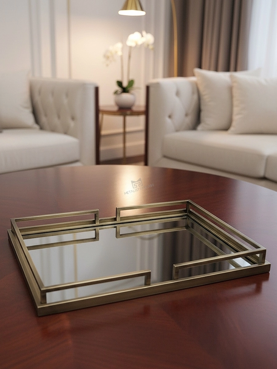 Diva Dekoratif Aynalı Tepsi Antik Gold 37x52cm
