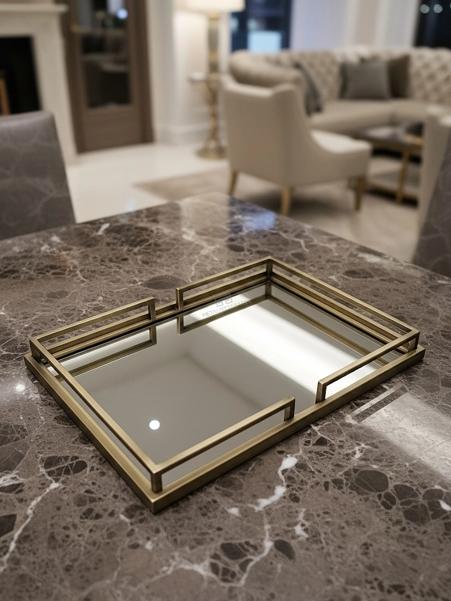Diva Dekoratif Aynalı Tepsi Antik Gold 37x52cm