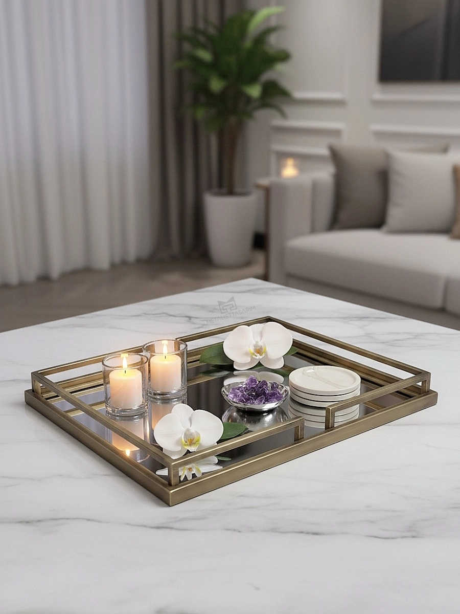 Diva Dekoratif Aynalı Tepsi Antik Gold 37x52cm