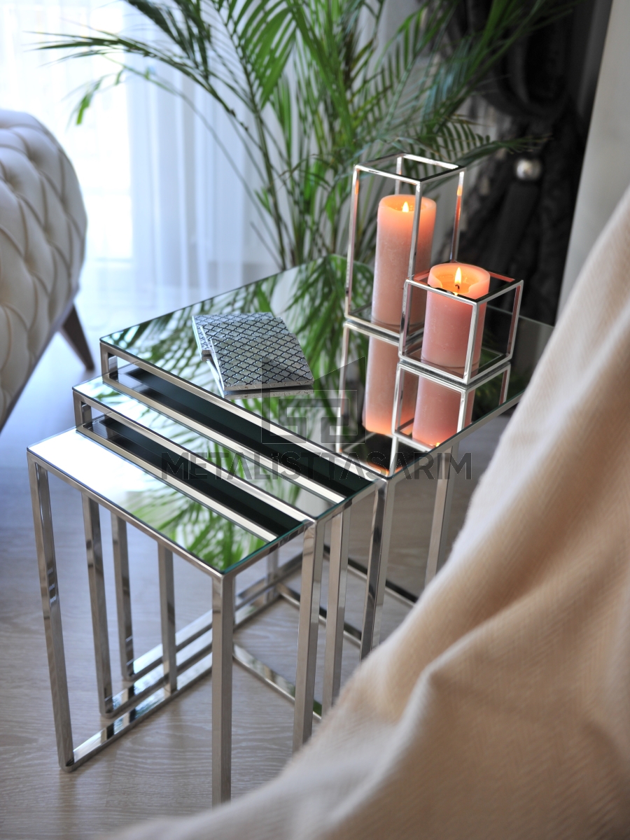 Doğa 3’lü Aynalı Zigon Sehpa Kare Paslanmaz Çelik