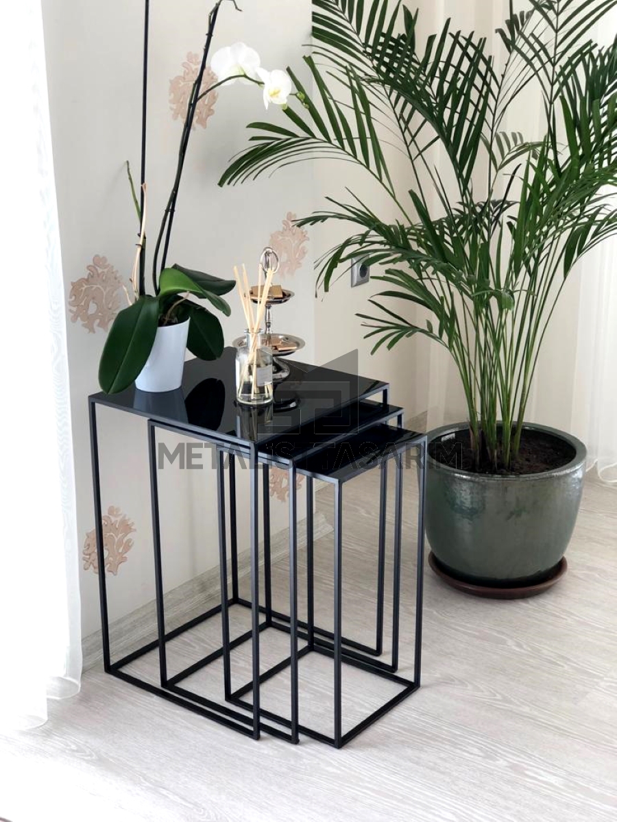 Sefa 3’lü Metal Kare Aynalı Zigon Sehpa Siyah Renk