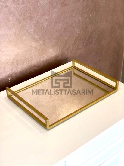 Sefa Dekoratif Aynalı Tepsi Mat Gold Renk 30x40cm Açık Model