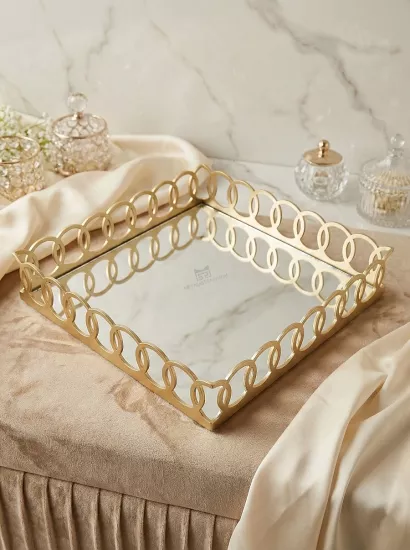 Halka Dekoratif Aynalı Tepsi Kare Mat Gold 25x25cm