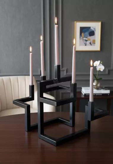 Doğa Özel Yapım 5 Mumluklu Şamdan Mat Siyah