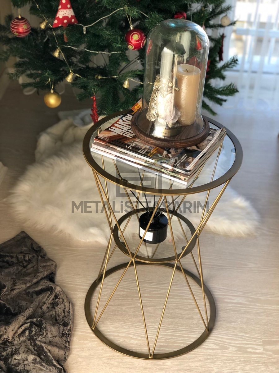 Zarif Yuvarlak Yan Sehpa Antik Gold