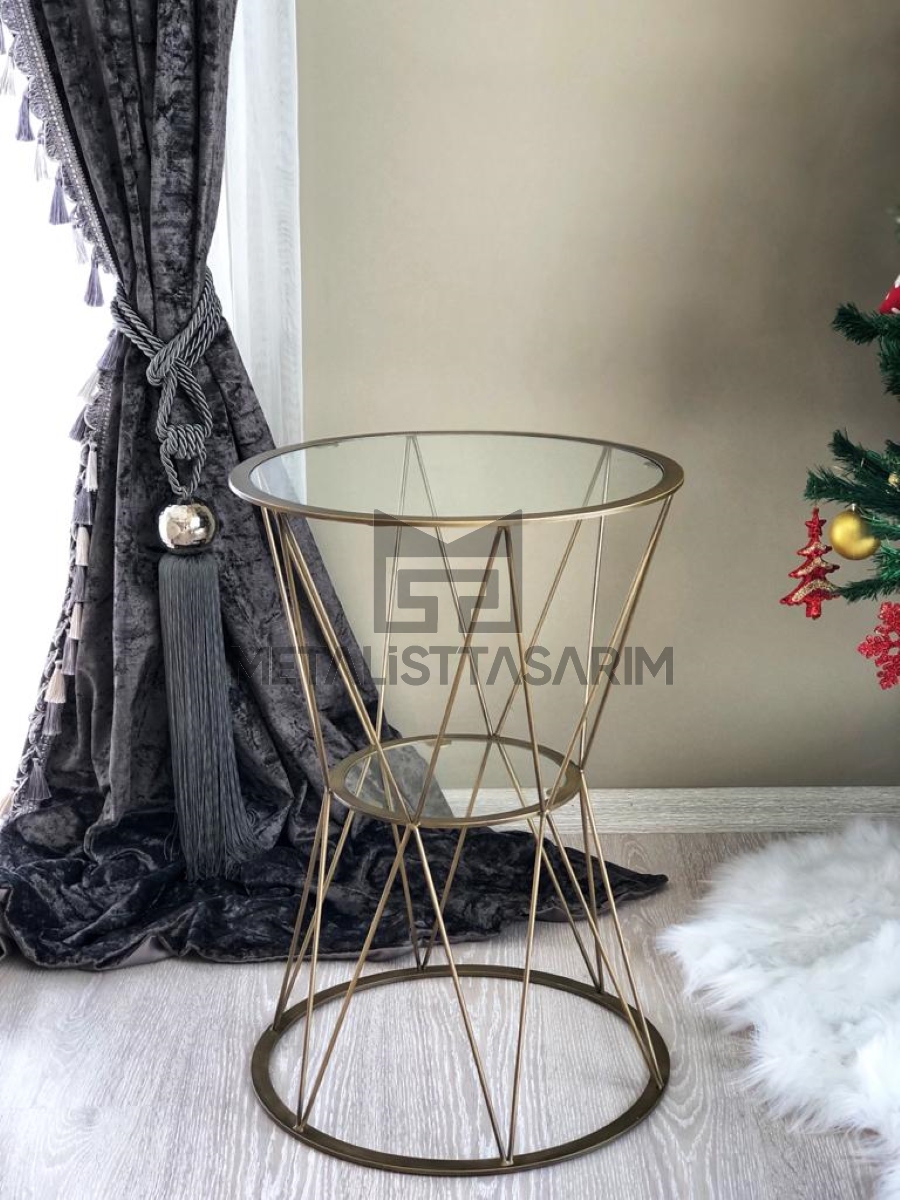 Zarif Yuvarlak Yan Sehpa Antik Gold