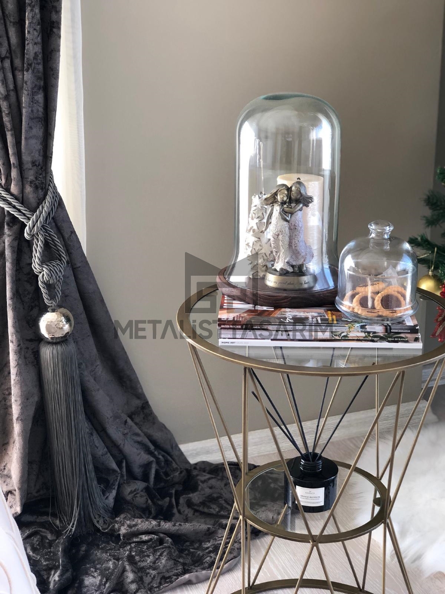 Zarif Yuvarlak Yan Sehpa Antik Gold