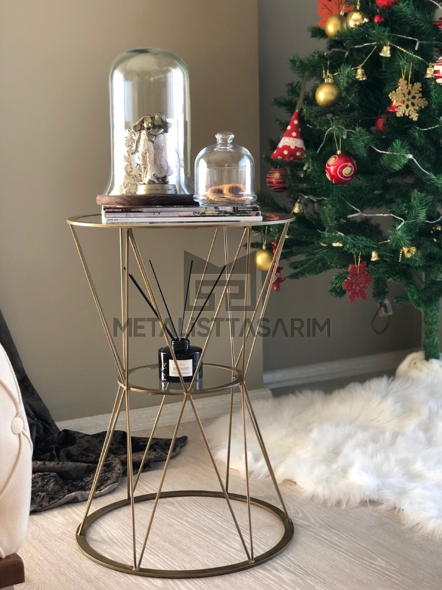 Zarif Yuvarlak Yan Sehpa Antik Gold